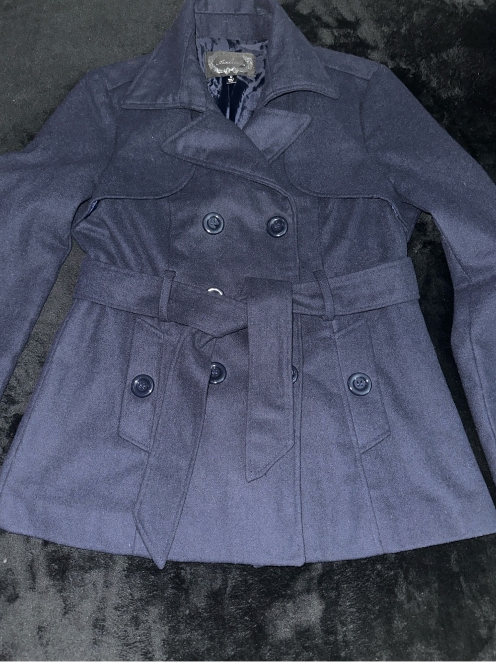 Ambiance Navy Double-Breasted Belted Pea Coat with Notched Collar